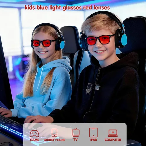 Vista 2 de Gafas de luz azul para niños, paquete de 3 unidades, marco flexible TR90 inastillable, lentes transparentes y rojas, gafas falsas para niños de 2 a