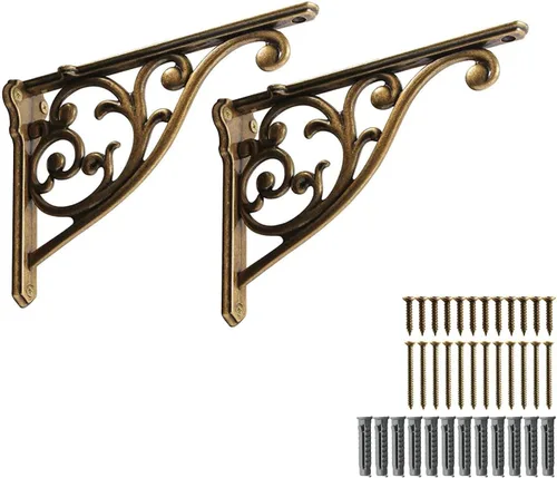 Vista 22 de Soportes de estante de 4 pulgadas, paquete de 4 soportes de pared de latón antiguo de alta resistencia, estantes decorativos de cocina victoriana