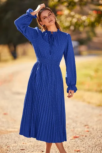 Vista 4 de PRETTYGARDEN Womens 2024 Fall Long Sleeve V Neck Swiss Dot Pleated A Line Flowy Dresses