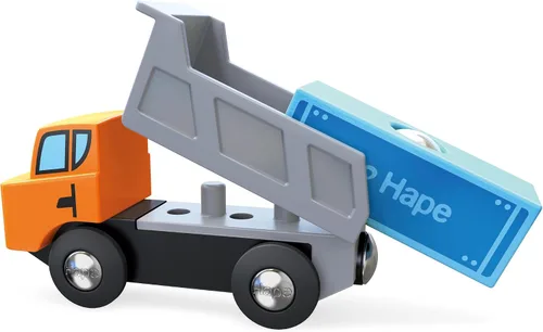Vista 10 de Hape Juego de cruces y grúas Juego de carga ferroviaria de madera de 32 piezas para niños, multicolor