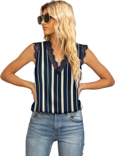 Vista 83 de VIISHOW - Camiseta sin mangas, sexy, con cuello en V y bordes de encaje para mujer, camisola de vestir, camisas de gasa, sin mangas, casuales
