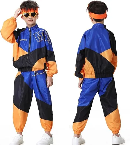 Vista 2 de Traje de los años 80 para niños, retro de los años 90, chándal para niños y niñas, ropa de baile hip hop, chaqueta de retazos unisex, pantalones
