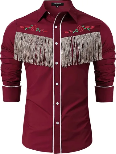 Vista 2 de TURETRENDY Camisa de manga larga con flecos de vaquero occidental para hombre, con bordado de rosas, ajustada, con botones