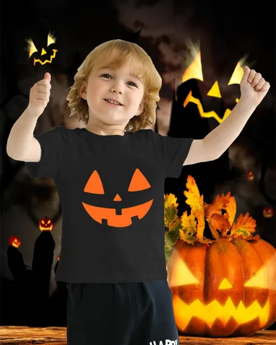 Vista 3 de CM-Kid Camisa de Halloween para niños pequeños y niñas, diseño de calabaza, esqueleto, dinosaurio, camiseta de manga corta para niños, camisetas