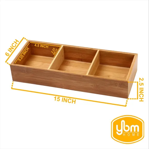 Vista 2 de YBM HOME Caja organizadora de cajones de bambú con 3 compartimentos, almacenamiento multiusos para cajón de basura, oficina, hogar, cocina