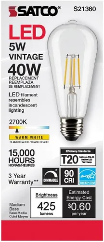 Vista 2 de Satco S21360 - Bombillas LED de filamento ST19 de 5 W, transparentes, 2700 K blanco cálido, 425 lúmenes, regulable, base media E26, regulable