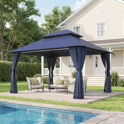 Vista 15 de Aoxun Gazebo de 8 x 8 con doble techo y mosquitera, tienda de campaña para exteriores de alta resistencia, tienda de campaña para patio