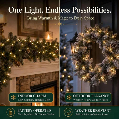 Vista 2 de Luces de Navidad al Aire Libre de QBIS - Cadena de Luces de Hadas que Funcionan con Pilas con Pequeñas LED Blancas Cálidas, Cable Verde