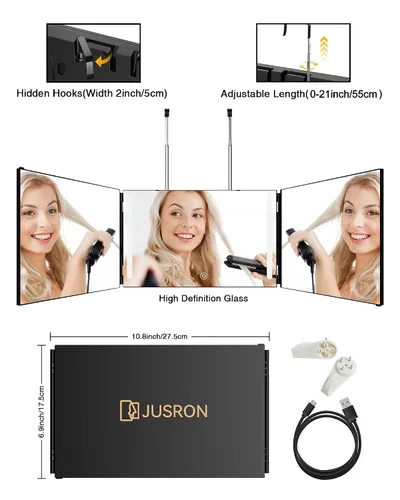 Vista 4 de JUSRON Espejo para Cortarse el Cabello Uno Mismo con Ángulo de Visión de 360°, Vidrio HD Transparente Antivaho, Recargable por USB, Fácil de Usar