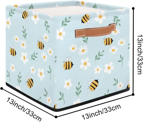 Vista 2 de Cesta de almacenamiento plegable de tela con diseño de margaritas de abejas de dibujos animados, 13 x 13 x 13 pulgadas, cubos cuadrados con asas