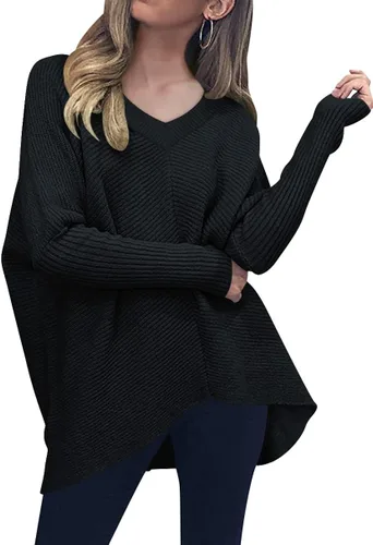 Vista 2 de ANRABESS - Suéter tejido para mujer, cuello en V, caída larga tipo murciélago, dobladillo asimétrico, estilo casual