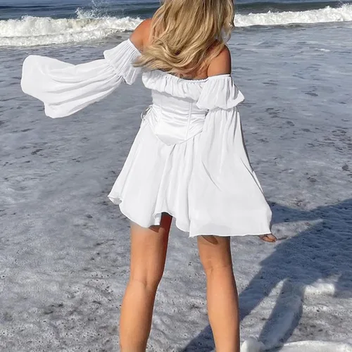 Vista 9 de pbnbp Vestido renacentista con hombros descubiertos para mujer, vestido con corsés, manga acampanada, mini vestido de Halloween ajustado y acampanado