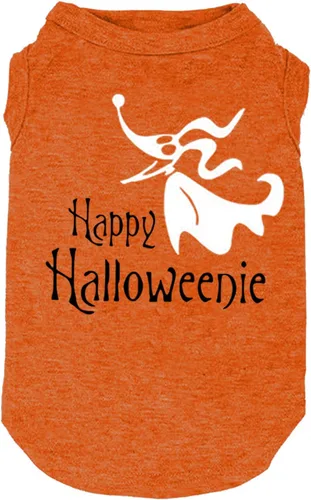 Vista 2 de Camiseta divertida de calabaza con bonito perro fantasma y hueso impreso - Pequeña a XXS, Negra - Regalo de otoño