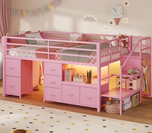 Vista 11 de ADORNEVE Cama baja tipo loft tamaño individual con 7 cajones de almacenamiento, estantería y luces LED, cama alta de metal para niños con barandilla