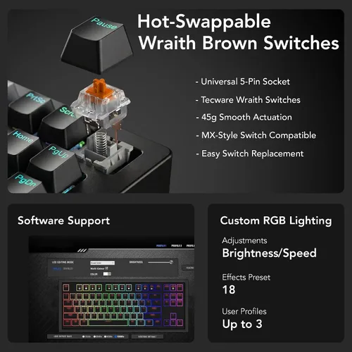 Vista 5 de TECWARE Phantom+ Elite Teclado mecánico RGB de 87 teclas para juegos 3 modos Bluetooth inalámbrico 5.0, 2.4 GHz y USB-C con cable 5 pines