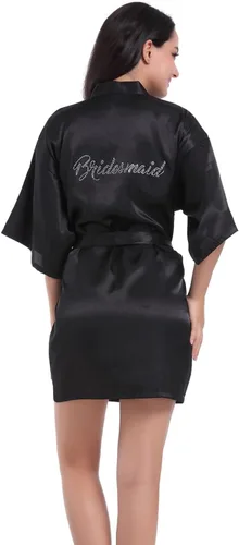 Vista 33 de Bata de boda para mujer, para novia, dama de honor, corta, de satén, kimono, batas de seda para prepararse, fiesta nupcial