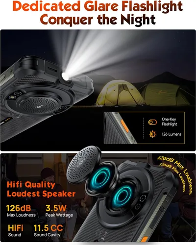 Vista 6 de Ulefone RugKing (16 GB+128 GB) Android 15 4G Smartphone, 9600 mAh, altavoz de 126 dB, cámara de 50MP+2MP+8MP teléfono resistente de 5.99 pulgadas