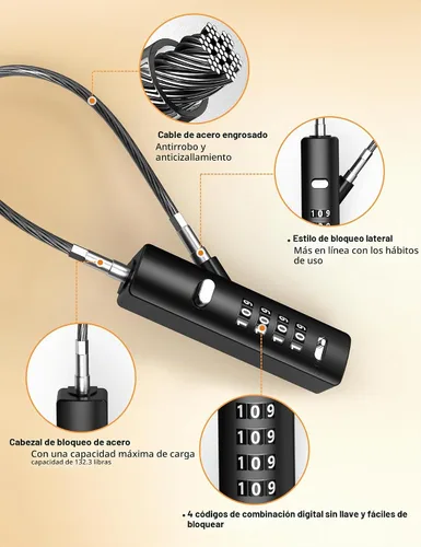 Vista 7 de Candado de Cable de Combinación de 4 Dígitos con 3 Cables de Acero (9"/24"/47") - Reinicio Seguro Solo con Código Actual - para Bicicleta, Equipaje