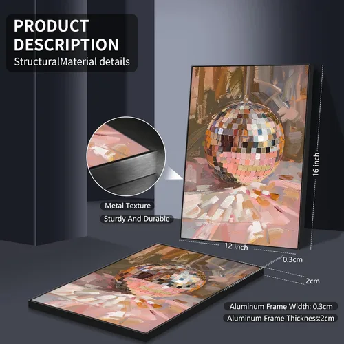 Vista 6 de Arte de Pared en Lienzo de Bola de Discoteca Rosa Suave de Moda, Póster con Textura de Bola de Espejo Plateada Funky para Chica, Impresión