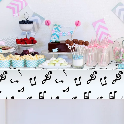 Vista 4 de Tatuo Mantel de fiesta con música y notas musicales de plástico de 108 x 54 Disposable Table Cover for Birthday Jazz Rock Party Decoration, Fits