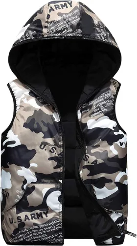 Vista 2 de Happy Cherry Chaleco con capucha de invierno para niños, chaleco reversible de camuflaje acolchado, chaqueta de 3-12 años