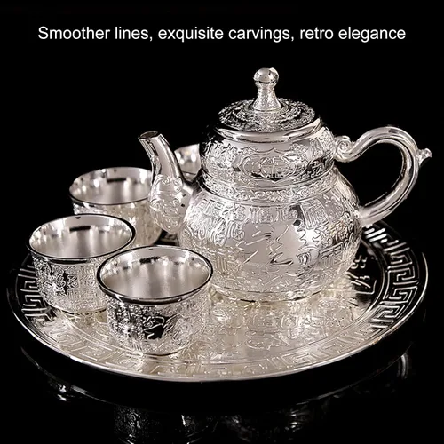 Vista 6 de Juego de tetera y taza para uno, juegos de té de aleación de zinc para adultos con tetera y bandeja, juego de tetera vintage plateada, regalo