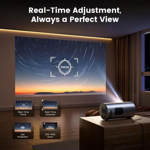 Vista 8 de Smart Portable Projector with WiFi and Bluetooth, USB-C Powered, Mini Projector Built-in Apps & Android 14 OS, 1080P FHD HDR10, TOF Real-Time Auto
