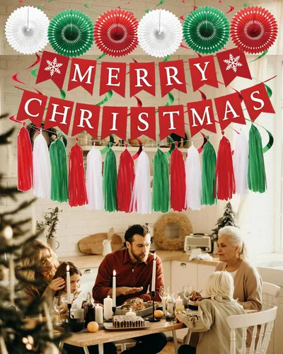 Vista 6 de Juego de decoraciones para fiesta de Navidad – Letrero de Feliz Navidad, guirnalda de borlas rojas, verdes y blancas, abanicos de papel y adornos