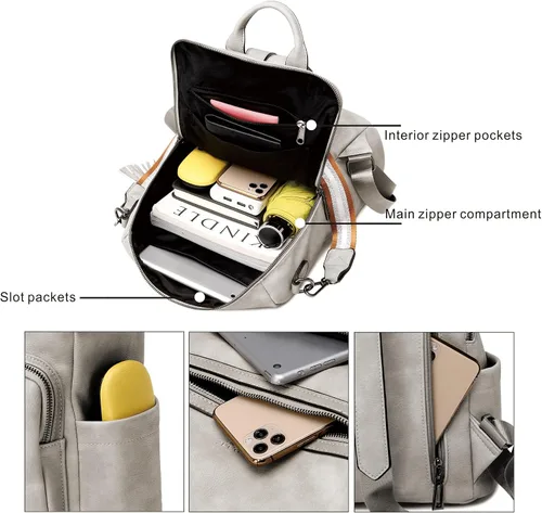 Vista 5 de OPAGE - Mochila de cuero para mujer, con borla de moda, bolso de hombro, mochila grande, bolsa de viaje, gris, L