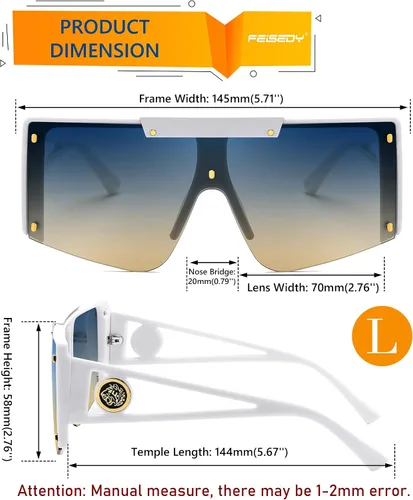 Vista 6 de FEISEDY Gafas de sol para mujer, de gran tamaño, cuadradas, con parte superior plana, para hombre, B4060