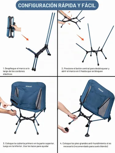 Vista 6 de WildCall Silla de camping plegable ligera con marco de configuración rápida, silla de playa compacta para mochileros con pies antideslizantes 2 Azul