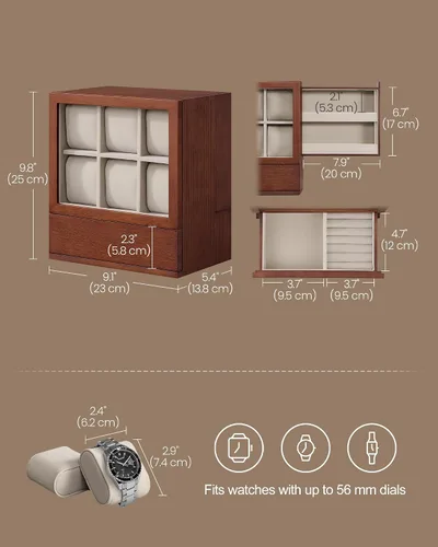 Vista 5 de SONGMICS Caja de reloj, vitrina vertical de 6 ranuras, chapa de madera Marrón café