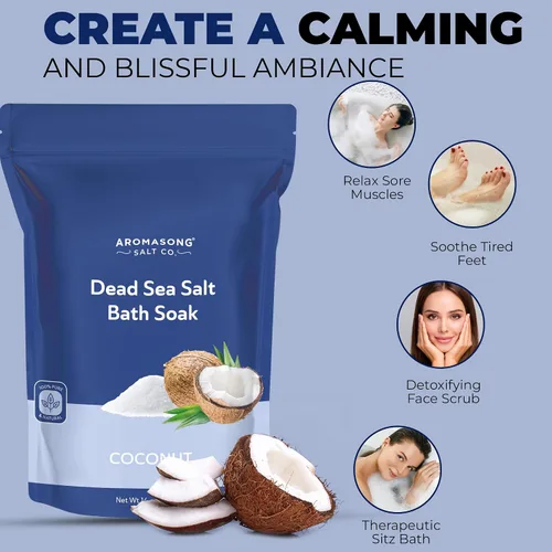 Vista 2 de Aromasong Sal del Mar Muerto – Sal de baño de grano fino con aroma a coco de 14 onzas – 100% pura y natural – Remojar para mujeres y hombres