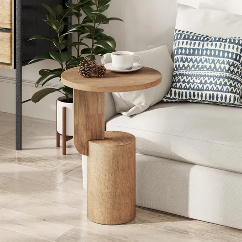 Vista 6 de COZAYH Farmhouse - Mesa alta para bebidas con base de diseño geométrico, natural Mesa auxiliar minimalista moderna redonda de madera en forma de C