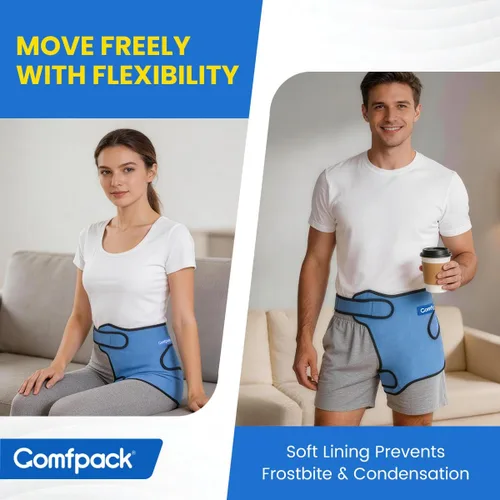 Vista 4 de Comfpack Bolsa de hielo para cadera, manga de compresión fría de gel para lesiones, cirugía de repuesto, ciática, bursitis, dolor flexor de cadera
