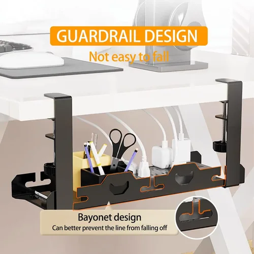 Vista 3 de BYMECOST Bandeja de gestión de cables doble sin taladrar debajo del escritorio, extensible de acero resistente para debajo del escritorio, bandeja