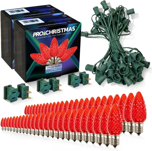 Vista 47 de Pro Christmas - Kit de luces C9 para exteriores, blanco cálido, cable verde, 50 bombillas, 50 pies