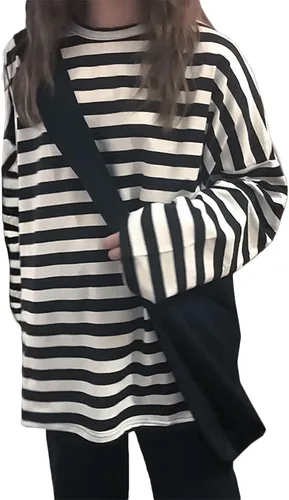 Vista 18 de Camiseta Harajuku de gran tamaño a rayas de manga larga con cuello redondo para mujer NegroGris