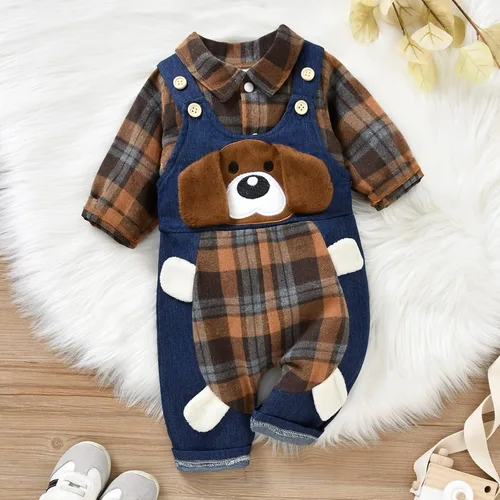 Vista 2 de ODASIRA Ropa de bebé niño, trajes de bebé, overol de manga larga a cuadros + overol de jeans, conjunto de pantalones