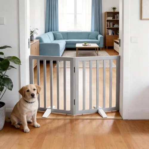 Vista 11 de Puerta para perros para interiores, valla independiente para perros, para la casa, puertas, pasillos o escaleras, puerta para mascotas plegable