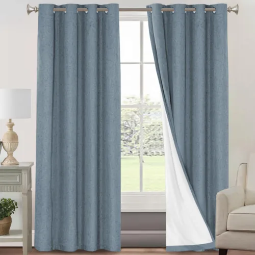 Vista 126 de Cortinas con textura de lino 100% opacas de 64 pulgadas de largo, juego de 2 paneles de cortinas de lino opacas con forro aislante térmico que Arena