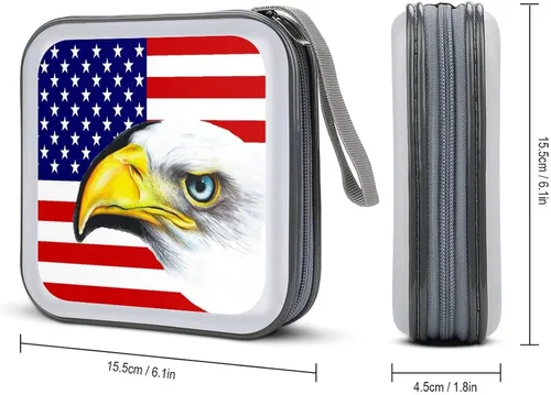 Vista 2 de Funda portátil para CD con diseño de águila y bandera americana, 40 capacidades, soporte para DVD, organizador de almacenamiento de disco