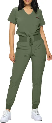 Vista 7 de Monarch Uniforms Slim Fit Stretchy Scrubs Women's Jogger Scrub Set Slim Jogger Scrubs with Tuck-In Top for Women Negro