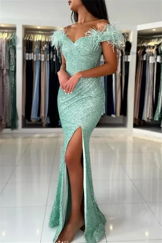 Vista 5 de Vestido de fiesta de lentejuelas de sirena con plumas y hombros descubiertos, vestidos de noche brillantes, vestidos de noche largos y formales
