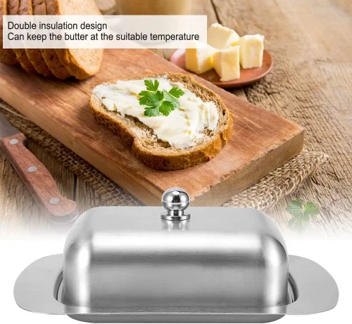 Vista 4 de Alvinlite Mantequillera de acero inoxidable, bandeja de mantequilla de doble cubierta, contenedor de pan de queso con tapa, accesorios para encimera