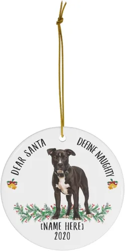 Vista 2 de Divertido nombre personalizado American Staffordshire Terrier Blanco Negro Dear Santa Define Naughty Gifts 2023 Adornos de árbol de Navidad círculo