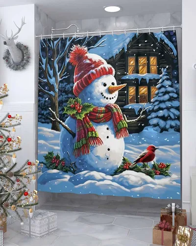 Vista 4 de Cortina de ducha con diseño de cardenales de muñeco de nieve para baño, casa de nieve de Navidad, pájaros rojos, lindo muñeco de nieve, sombrero