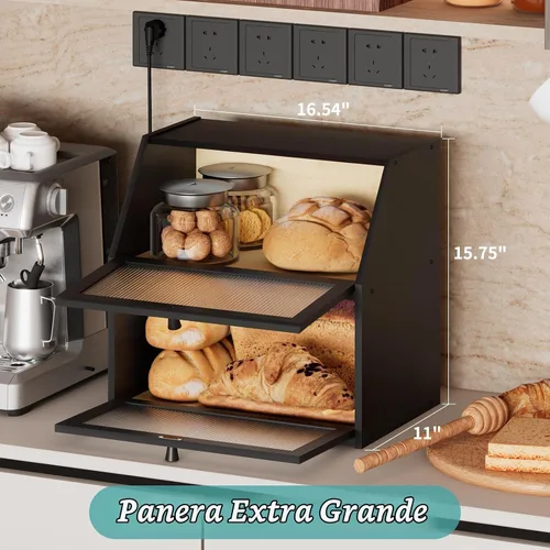 Vista 2 de Caja de pan extra grande negra para mostrador de cocina, caja de pan de bambú de doble capa grande, capacidad de almacenamiento de pan de madera