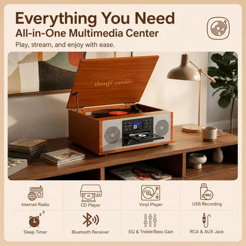 Vista 6 de Reproductor de discos multimedia 10 en 1 con altavoces, reproductor de CD, receptor Bluetooth, radio por Internet, grabación USB, tocadiscos de 3