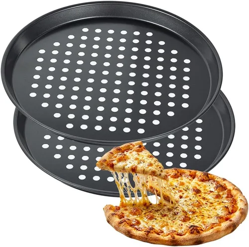 Vista 8 de Sartén redonda de pizza de 10 pulgadas con agujeros, sartenes de acero al carbono para pizza congelada y casera, bandeja de pizza antiadherente